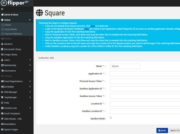 FlipperSD Square Payment Gateway Set-Up Form