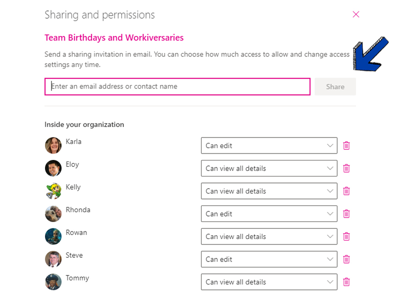 Share the calendar with your team and assign permissions
